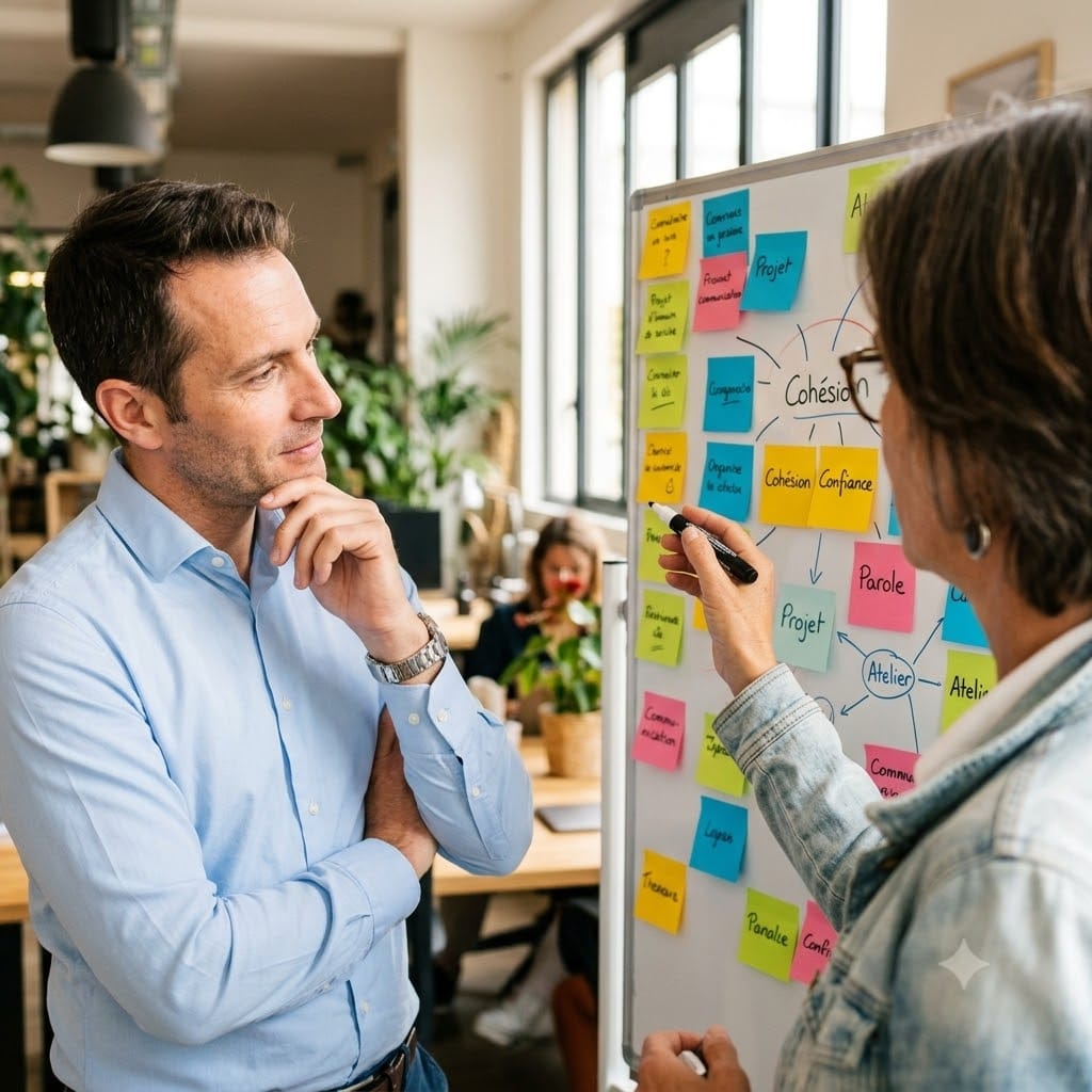 Illustration d’un atelier de cohésion et de communication en entreprise