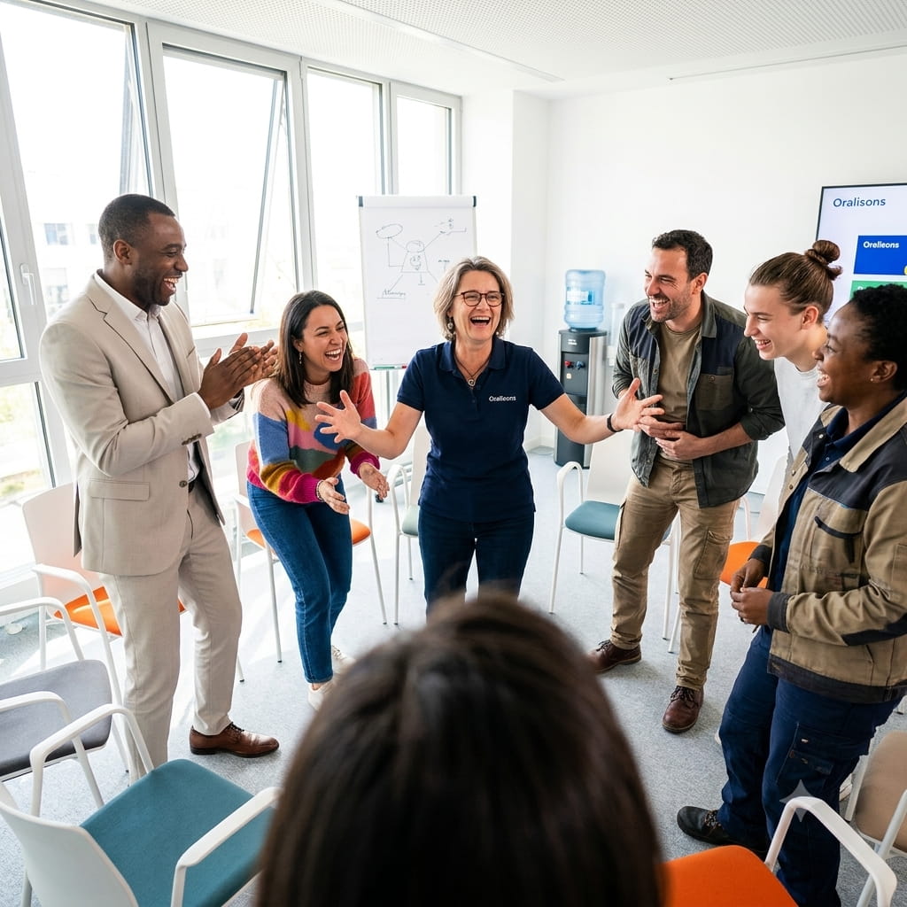 Catherine Colin anime un atelier Oralisons en entreprise devant un groupe souriant